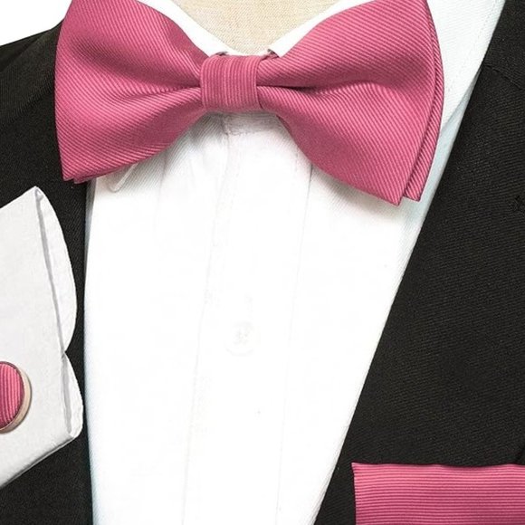Mens 5 Piece Tie + Bow Tie + Pocket Square + Cufflinks + Clip Satin Pink - Picture 5 of 5
